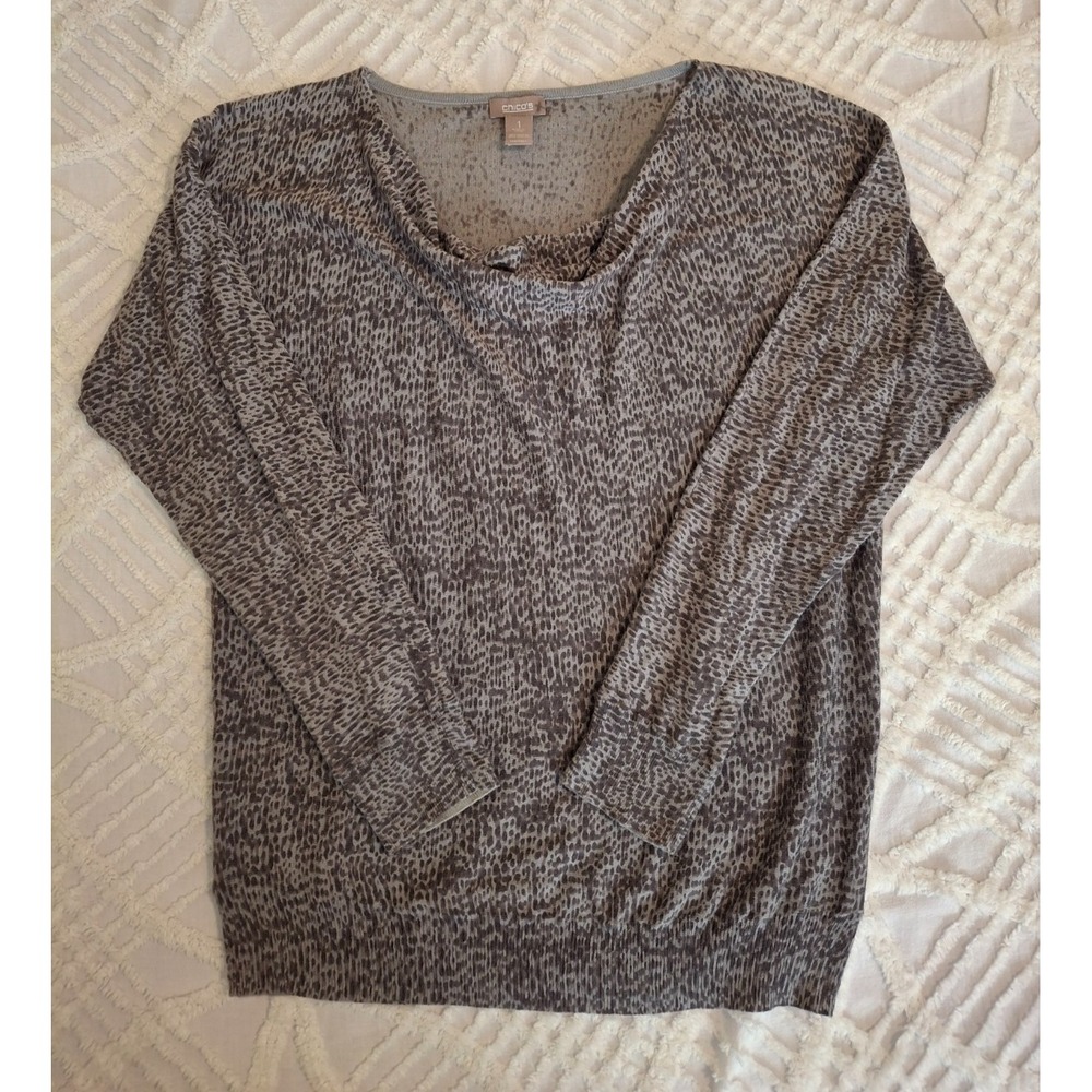 Chico's Womens 1 Medium Sweater Grey Abstract Animal Print Cowl Neck Cotton Top